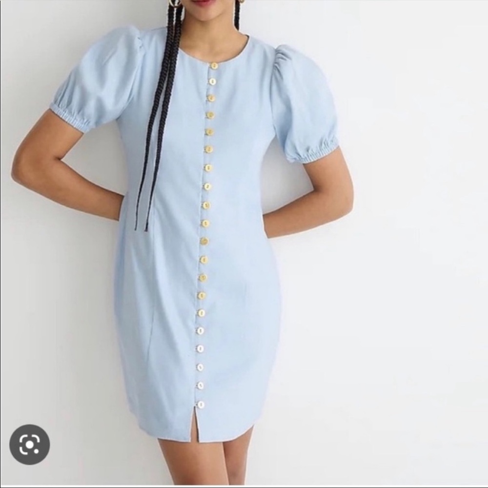 NWT J. CREW Puff Sleeve Pale Blue Button-Front Mini Dress Size 4
